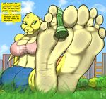  2015 4_toes absurd_res anthro barefoot better_version_at_source big_feet breasts clothing dirty_feet english_text feet female foot_fetish foot_focus grass green_eyes hi_res humanoid_feet jeans jenn_(zp92) lagomorph mammal money pants plantigrade rabbit sitting solo text toes zp92 