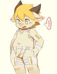  5_fingers anthro balls blonde_hair blush caprine clothing cub embarrassed flaccid goat hair humanoid_penis male mammal moki navel open_mouth penis simple_background solo standing uncut underwear yellow_eyes young 