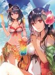  bare_shoulders beach bikini black_hair blue_sky breasts cleavage cloud collarbone covered_navel day drink drinking_straw flower food fusou_(kantai_collection) hair_flower hair_ornament kantai_collection large_breasts long_hair looking_at_viewer medium_breasts multiple_girls ocean one-piece_swimsuit outdoors parted_lips popsicle red_eyes rioka_(southern_blue_sky) sarong short_hair sitting sky smile standing swimsuit white_bikini yamashiro_(kantai_collection) 