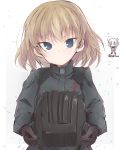  1girl bangs black_gloves black_hat blonde_hair blue_eyes chibi closed_mouth commentary emblem eyebrows_visible_through_hair fang frown getsumen_suibaku_ver._a(c) girls_und_panzer gloves green_jumpsuit grey_background hat headwear_removed helmet helmet_removed highres holding holding_helmet katyusha laughing long_sleeves looking_at_viewer military military_uniform outside_border pravda_military_uniform short_hair simple_background sketch solo standing twitter_username uniform upper_body v-shaped_eyebrows 