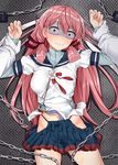  1girl absurdres admiral_(kantai_collection) akashi_(kantai_collection) blue_skirt chain constricted_pupils crying crying_with_eyes_open green_eyes hair_ribbon hetero highres hip_vent imminent_rape jaku_denpa kantai_collection long_hair md5_mismatch out_of_frame pink_hair pleated_skirt pov pov_hands restrained ribbon scared skirt solo_focus tears tress_ribbon 