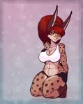  2017 amber_eyes anthro big_breasts breasts brown_fur chest_tuft cleavage clothed clothing eyelashes feline female fur gloves_(marking) hair hand_on_breast hi_res long_hair looking_at_viewer lynx mammal markings red_hair scorpdk socks_(marking) solo spots spotted_fur tamara_(scorpdk) thick_thighs tuft wide_hips 