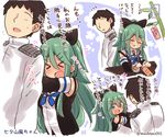  &gt;_&lt; 1girl ^_^ ^o^ admiral_(kantai_collection) bare_shoulders black_hair black_ribbon black_serafuku blue_eyes blue_neckwear closed_eyes commentary_request detached_sleeves green_hair hair_ribbon heart holding holding_pen kantai_collection long_hair long_sleeves military military_uniform naval_uniform neckerchief open_mouth pen ribbon school_uniform serafuku short_hair smile suzuki_toto tanzaku translated twitter_username uniform yamakaze_(kantai_collection) 