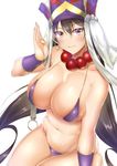  bare_shoulders beads bikini black_hair blush bracer breasts cleavage collarbone commentary_request earrings eyebrows_visible_through_hair fate/grand_order fate_(series) hair_between_eyes hat highres hoop_earrings jewelry large_breasts long_hair looking_at_viewer navel prayer_beads purple_bikini purple_eyes saintshiro shiny shiny_hair shiny_skin simple_background sitting skindentation smile solo swimsuit white_background xuanzang_(fate/grand_order) 