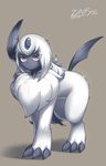  2017 absol ambiguous_gender chest_tuft claws feline feral fur grey_background hi_res horn mammal nintendo pok&eacute;mon red_eyes signature simple_background solo tuft video_games white_fur zinfyu 