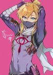  absurdres ahoge androgynous arms_up bandaged_arm bandages belt black_gloves blonde_hair blue_eyes covered_mouth covered_navel elbow_gloves fingerless_gloves gloves highres link looking_at_viewer male_focus maruchi otoko_no_ko pink_background ponytail scarf shiny shiny_clothes sidelocks simple_background skin_tight solo the_legend_of_zelda the_legend_of_zelda:_breath_of_the_wild tied_hair translated upper_body white_scarf 