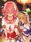  1other androgynous astolfo_(fate) bare_shoulders blonde_hair blush braid chevalier_d'eon_(fate/grand_order) closed_eyes crossdressing erection erection_under_clothes fate/apocrypha fate/grand_order fate_(series) flower green_eyes hair_flower hair_ornament hair_ribbon hairband heart heart-shaped_pupils highres leash long_hair looking_at_viewer male_focus midriff mouth_hold multicolored_hair multiple_boys navel otoko_no_ko pink_hair red_sailor_collar red_skirt ribbon sailor_collar school_uniform serafuku short_sleeves signature skirt smile sweat symbol-shaped_pupils thighhighs tokopi two-tone_hair white_hair 
