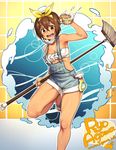  :d agawa_ryou artist_name bandeau bottle breasts broom brown_eyes brown_hair cleavage face_mask hair_between_eyes headband holding looking_at_viewer mask medium_breasts open_mouth overalls short_hair slippers smile solo sponge spray_bottle standing standing_on_one_leg tan tile_background v-shaped_eyebrows water watermark web_address 