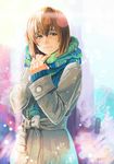  bangs bob_cut brown_jacket closed_mouth coat commentary_request hagiwara_yukiho hair_between_eyes idolmaster idolmaster_(classic) jacket lens_flare long_sleeves looking_at_viewer mozuk scarf standing 