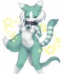  animal_ears collar feathers fur_trim furry green_eyes kemono_friends kumama multiple_tails navel pure_beast_(kemono_friends) simple_background snake_tail solo star tail white_background 