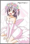  1girl bare_shoulders breasts cleavage collarbone flower hair_ornament hayate_no_gotoku! medium_breasts necklace open_mouth purple_hair red_eyes segawa_izumi short_hair short_twintails smile solo twintails veil wedding_dress 
