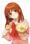  blush bowl brown_hair collarbone dotted_line eyebrows_visible_through_hair food highres holding holding_bowl kawai_makoto koufuku_graffiti long_sleeves looking_at_viewer machiko_ryou pink_eyes pink_sweater rice rice_bowl rice_spoon school_uniform smile solo sweater upper_body 