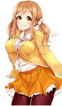  black_legwear blush breasts brown_hair closed_mouth eyebrows_visible_through_hair hair_ornament hairclip kunikida_hanamaru kuzu_kow large_breasts long_hair long_sleeves looking_at_viewer love_live! love_live!_sunshine!! orange_skirt pantyhose skirt smile solo twintails yellow_eyes 