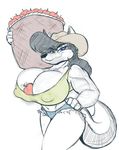  anthro apple big_breasts breasts canine clothed clothing erect_nipples female food fruit hat huge_breasts joelasko mammal nipple_bulge nipples skimpy smile solo wolf 