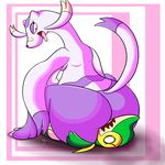  2017 ambiguous_gender anthro big_butt butt duo facesitting looking_back mammal mienshao nintendo open_mouth pok&eacute;mon puffdraws semi-anthro simple_background size_difference snivy thick_thighs tongue toony video_games 