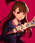  blush brown_hair kagari_atsuko little_witch_academia long_hair looking_at_viewer mool_yueguang parted_lips red_background red_eyes smile solo upper_body 