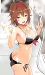 ass bathroom bikini black_bikini blush breasts brown_eyes brown_hair butt_crack collarbone cowboy_shot headband heart holding jewelry kantai_collection looking_at_viewer looking_back medium_breasts necklace open_mouth red_headband ring shiny shiny_hair shiratsuyu_(kantai_collection) short_hair shower_head showering side-tie_bikini solo sponge standing steam swimsuit takaharu twisted_torso twitter_username wedding_band 