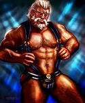  2017 abs bdsm biceps bondage bound bulge clothed clothing digital_media_(artwork) hair hairy harness human jockstrap looking_at_viewer male mammal muscular muscular_male nipples not_furry overwatch pecs reinhardt scar simple_background smile solo topless underwear video_games zanvarin 