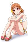  ahoge bangs bikini blush bow braid commentary_request crossed_arms elbows_on_knees eyebrows_visible_through_hair flower hair_bow hair_flower hair_ornament knees_up looking_at_viewer love_live! love_live!_sunshine!! orange_hair red_eyes sandals side_braid simple_background sitting smile solo swimsuit takami_chika toes white_background yellow_bow yopparai_oni 