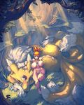  big_breasts blue_eyes breasts butt canine cutesexyrobutts_(artist) digimon duo female feral fluffy forest fox fur hair human jewelry kyubimon larger_female looking_at_viewer mammal multi_tail necklace nude ponytail purple_eyes pussy red_hair renamon rika_nonaka size_difference tree wide_hips yellow_fur 