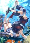  :d air_bubble bare_shoulders blue_hair brown_eyes bubble commentary_request coral finger_to_mouth fish gloves hair_between_eyes hat headphones highres i-13_(kantai_collection) i-14_(kantai_collection) index_finger_raised kantai_collection kneepits multiple_girls one-piece_swimsuit open_mouth partly_fingerless_gloves rock sailor_collar school_swimsuit short_hair shushing smile submerged swimsuit tsuuhan underwater upside-down 