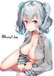  blue_eyes breasts collarbone grey_shirt hair_between_eyes henet_hene kantai_collection kashima_(kantai_collection) large_breasts long_sleeves no_hat no_headwear open_clothes open_shirt shirt short_hair silver_hair simple_background smile solo twitter_username two_side_up white_background 