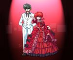  1girl bangs black_bow black_hair black_shirt blue_eyes bow braid breasts cleavage dress dress_shirt fangs formal frilled_dress frills hands_in_pockets headband hibiki_ryouga highres jewelry large_breasts looking_at_viewer necklace necktie parted_lips ranma-chan ranma_1/2 red_dress red_hair red_lips sanpaku saotome_ranma shirt single_braid standing suit wanta_(futoshi) white_suit 