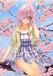  bespectacled dress fate/grand_order fate_(series) flower glasses hair_over_one_eye jacket lloule looking_at_viewer mash_kyrielight plaid plaid_dress purple_eyes purple_hair smile solo 