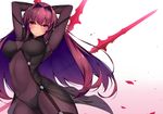  armpits arms_up blush bodysuit breasts covered_navel dean fate/grand_order fate_(series) gae_bolg highres large_breasts long_hair looking_at_viewer polearm purple_bodysuit purple_hair red_eyes scathach_(fate)_(all) scathach_(fate/grand_order) spear weapon 