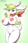  absurd_res anthro anthrofied big_breasts breasts chest_tuft erect_nipples female green_eyes green_hair hair hand_on_breast hi_res huge_breasts legendary_pok&eacute;mon mostly_nude nintendo nipples nude pok&eacute;mon pussy scarf shaymin shaymin_(sky_form) signature solo standing tailzkim tuft video_games white_skin 