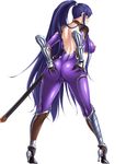  1girl akiyama_rinko aoi_nagisa_(artist) aoi_nagisa_(metalder) arm_guards ass ass_grab blue_hair blush bodysuit breasts cameltoe deep_skin female full_body highres hips large_breasts long_hair looking_at_viewer looking_back naughty_face ninja peliazulyp ponytail purple_bodysuit purple_eyes sheath sideboob smile solo spread_ass sword taimanin_(series) taimanin_yukikaze thighhighs transparent_background very_long_hair weapon 