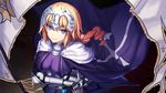  bow braid breasts cape capelet cleavage cowter eyebrows_visible_through_hair eyelashes fate/apocrypha fate_(series) from_above gauntlets hand_on_hilt headpiece highres jeanne_d'arc_(fate) jeanne_d'arc_(fate)_(all) large_breasts long_hair looking_at_viewer looking_up plackart sanbaisoku_ikaros sheath sheathed smile solo standard_bearer sword weapon wind 