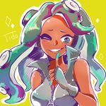  ;) aqua_eyes aqua_hair aqua_skin asymmetrical_hair bare_arms bare_shoulders blush character_name collared_vest commentary_request dark_skin endou_suzu eyelashes eyeliner finger_to_mouth fingerless_gloves gloves green_hair grin hand_up headphones high_collar iida_(splatoon) long_hair looking_at_viewer makeup mole mole_under_mouth multicolored multicolored_hair multicolored_skin octarian one_eye_closed partially_unzipped purple_hair smile solo splatoon_(series) splatoon_2 tentacle_hair upper_body vest zipper 