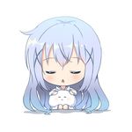  blue_hair blush chestnut_mouth chibi closed_eyes deyui eyebrows_visible_through_hair gochuumon_wa_usagi_desu_ka? hair_ornament highres hood hoodie kafuu_chino kneehighs long_hair saliva sitting tippy_(gochiusa) triangle_mouth wariza white_legwear wings x_hair_ornament 