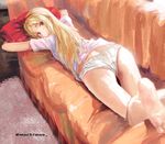  artist_name ass blonde_hair commentary couch eromanga_sensei from_behind goldowl highres indoors long_hair looking_at_viewer looking_back lying on_couch on_stomach panties pillow shirt short_sleeves solo twitter_username underwear white_panties white_shirt yamada_elf 