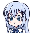  :&lt; blue_eyes blue_hair blush chibi deyui eyebrows_visible_through_hair gochuumon_wa_usagi_desu_ka? hair_ornament kafuu_chino long_hair looking_at_viewer solo upper_body x_hair_ornament 