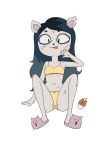  2018 4_fingers anthro black_hair bra breasts camel_toe cat claire_(the_summoning) clothing eating eyeshadow feline female flat_chested fur g3mfuck3r hair hi_res long_hair makeup mammal navel panties pentagram simple_background slippers solo the_summoning underwear white_background white_fur 