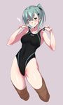  alternate_hairstyle aqua_eyes aqua_hair ass_visible_through_thighs black_swimsuit brown_legwear commentary_request company_connection competition_swimsuit cowboy_shot grey_background hair_ornament hairclip highleg highleg_swimsuit kantai_collection long_hair looking_at_viewer one-piece_swimsuit ponytail simple_background smile solo suzuya_(kantai_collection) swimsuit swimsuit_pull thighhighs ulrich_(tagaragakuin) 