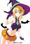  :q akatsuki_kirika armpit_peek bare_shoulders bat blonde_hair breasts candy commentary_request food gloves green_eyes hair_between_eyes hair_ornament halloween jack-o'-lantern lollipop looking_at_viewer medium_breasts midriff navel necktie purple_gloves senki_zesshou_symphogear short_hair short_necktie sketch skirt sleeveless solo tongue tongue_out touyama_sabu twitter_username x_hair_ornament 