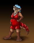  2017 anthro blue_eyes blue_hair bouncyotter breasts brown_fur cleavage clothed clothing female flinters fur hair mammal mustelid nipple_bulge otter pregnant solo whiskers 