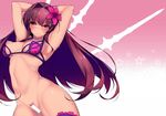  armpits arms_up bar_censor blush bottomless breasts censored covered_navel dean fate/grand_order fate_(series) flower gae_bolg hair_flower hair_intakes hair_ornament highres large_breasts long_hair looking_at_viewer nipples pubic_hair purple_hair red_eyes scathach_(fate)_(all) scathach_(swimsuit_assassin)_(fate) solo sweat swimsuit 
