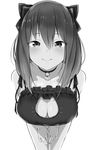  bad_id bad_twitter_id bare_shoulders bell bell_choker black_bra black_eyes blush bow bra breasts cat_cutout cat_lingerie choker cleavage cleavage_cutout collarbone commentary cowboy_shot foreshortening frilled_bra frills greyscale hair_between_eyes hair_bow highres jingle_bell large_breasts leaning_forward long_hair looking_at_viewer meme_attire monochrome original smile solo tatsu_shinomu underwear underwear_only 