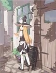  baguette black_hat blonde_hair blue_eyes blush bread door eating food hat holding holding_food holding_lollipop kirisame_marisa kneehighs long_hair looking_at_viewer solo touhou white_legwear window witch_hat yiran_kuxiao 