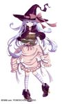  argyle argyle_legwear book dress drill_senki full_body hair_between_eyes hat high_heels highres kneehighs long_hair mozuya_murasaki purple_eyes purple_hair skirt_hold smile solo transparent_background witch_hat yagami_yuuko_(drill_senki) 