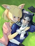  animal_ears black_hair blonde_hair blush breasts ccd common_raccoon_(kemono_friends) fennec_(kemono_friends) fox_ears gloves highres kemono_friends large_breasts looking_at_another lying multicolored_hair multiple_girls on_side parted_lips raccoon_ears short_hair smile white_gloves white_hair yuri 
