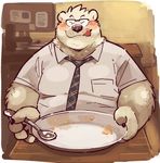 anthro bear belly big_belly blush clothed clothing eating eyewear garouzuki ken_(garouzuki) male mammal necktie overweight slightly_chubby 