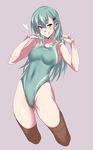  aqua_eyes aqua_hair ass_visible_through_thighs brown_legwear commentary_request company_connection competition_swimsuit cowboy_shot green_swimsuit grey_background hair_ornament hairclip highleg highleg_swimsuit kantai_collection long_hair looking_at_viewer one-piece_swimsuit ponytail simple_background smile solo suzuya_(kantai_collection) swimsuit swimsuit_pull thighhighs ulrich_(tagaragakuin) 