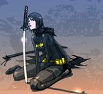  1girl 89g batman_(series) black_bat black_hair cape cassandra_cain dc_comics sword 
