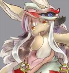  animal_ears blush blush_stickers ears_through_headwear fang fur furry hat long_hair made_in_abyss nanachi_(made_in_abyss) open_mouth paws simple_background smile solo tail tsukushi_akihito whiskers white_hair yellow_eyes 