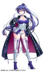  ass_visible_through_thighs bouryuu_no_kirika breasts chain cleavage coat collar drill_senki full_body fur_trim gloves hand_on_hip high_heels highres large_breasts long_hair looking_at_viewer mozuya_murasaki purple_hair red_eyes side_ponytail smile solo transparent_background very_long_hair white_gloves 